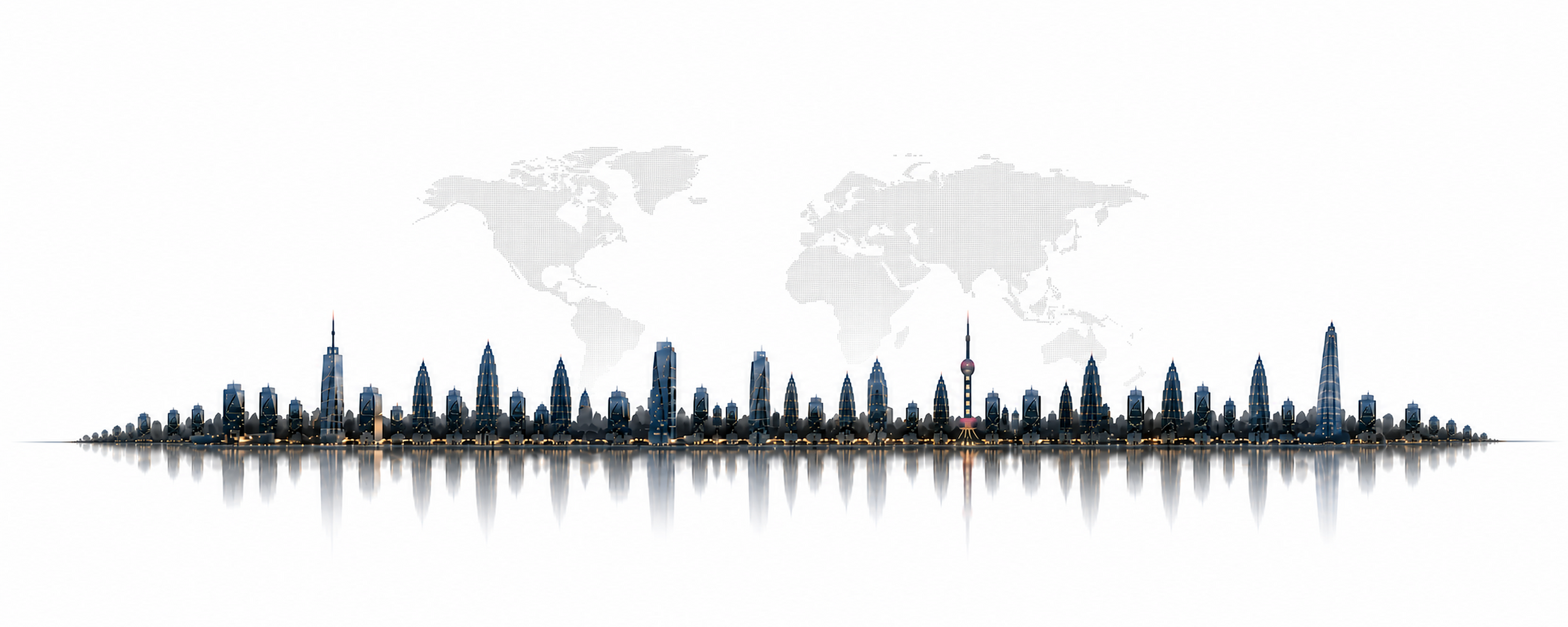 Global city skyline beneath a subtle world map